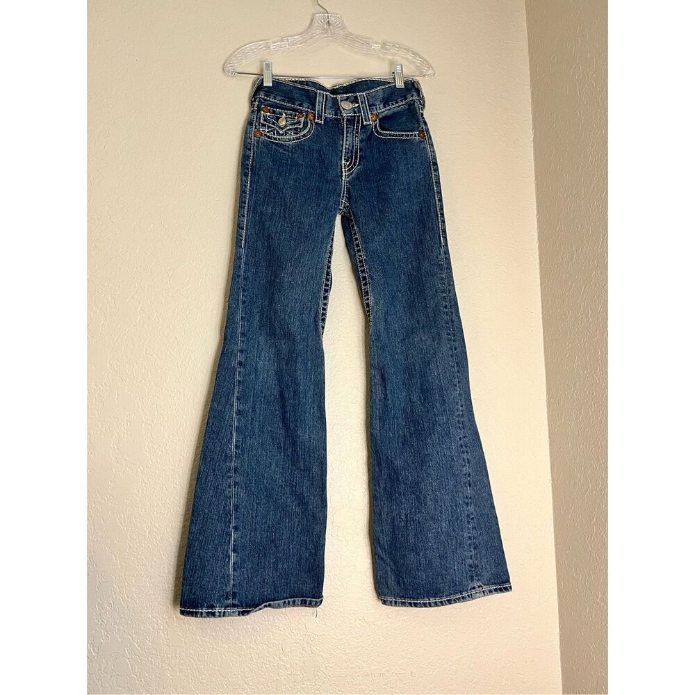 True Religion Jeans Women's 14 Disco Joey Big T Flared Leg Dark Denim Low Rise - Picture 2 of 4